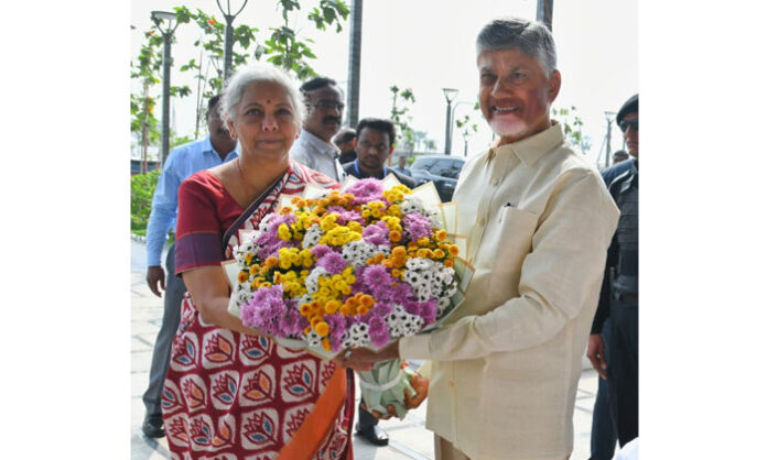 Union Finance Minister Nirmala Sitharaman lays foundation stone for banks and public sector headquarters in Amaravati with CM Chandrababu and Deputy CM Pawan Kalyan