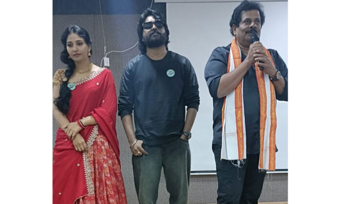 Devagudi film unit interacting with students at Siddhartha Educational Academy in Tirupati during promotional event