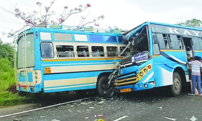 Scene of a fatal road accident in Tamil Nadu where two private buses collided head-on, resulting in six deaths and multiple injuries