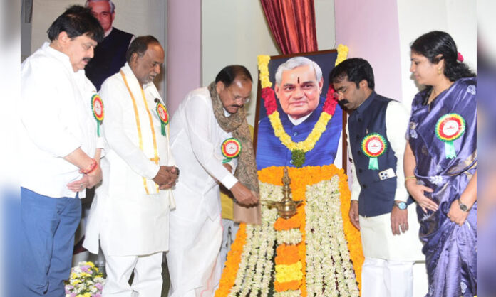 Former Vice President Venkaiah Naidu addressing Atal Bihari Vajpayee birth centenary celebrations in Hyderabad