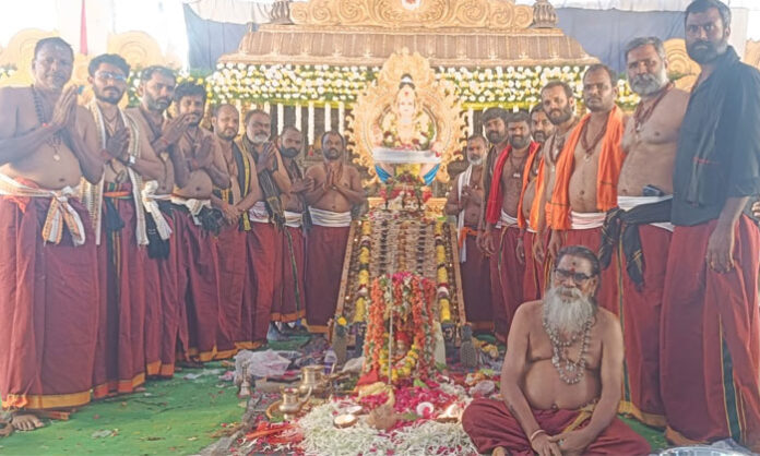 Devotees performing the grand Ayyappa Swamy Mahapadi Puja at Aliabad village with Ayyappa Maladharana swamis and local villagers.