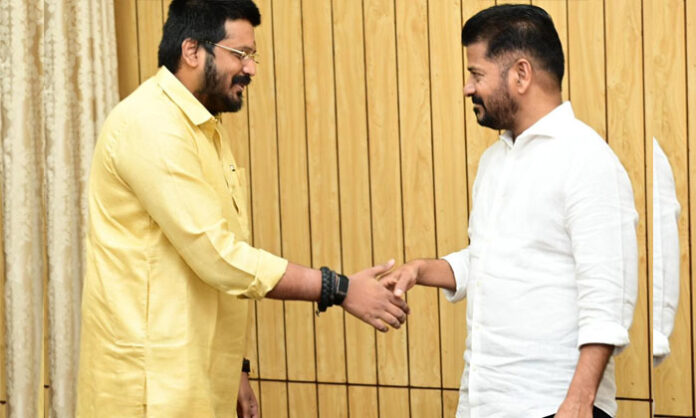 CM Revanth Reddy congratulating MLA Mynampally Rohit for Congress party’s success in Gram Panchayat elections