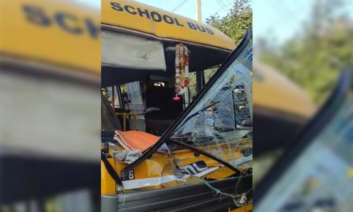 Two students injured after a Cheryal Divine Grace School bus collided with a lorry at Nagaram intersection under Keesara police station limits.