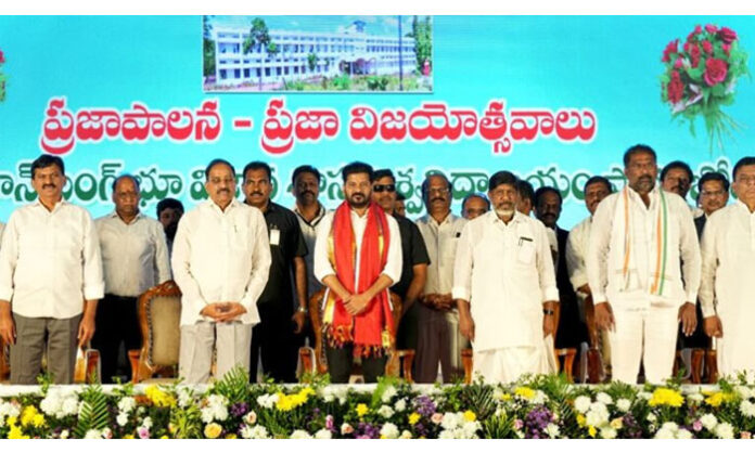 Chief Minister Revanth Reddy inaugurating Dr. Manmohan Singh Earth Sciences University in Khammam, with leaders and officials present.
