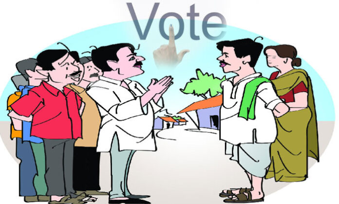 Image showing villagers discussing political promises, belt shops, and the impact of alcohol addiction on village development.