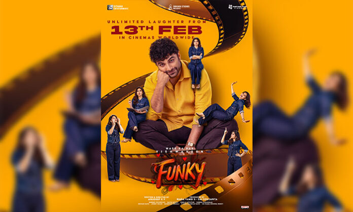 Funky Telugu movie poster featuring Vishwak Sen and Kayaadu Lohar ahead of February 13 release