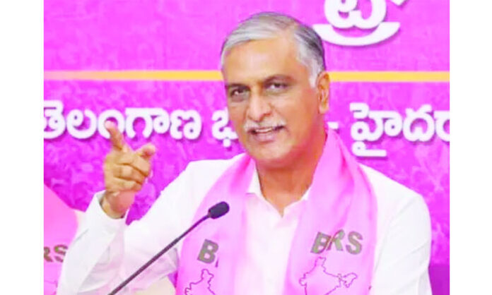 Image showing former Minister Harish Rao criticizing the Telangana Rising Global Summit as a real estate-driven flop event.