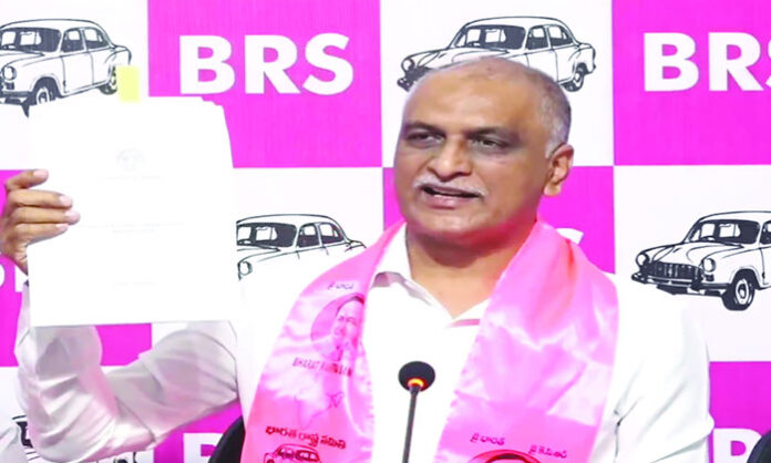 Harish Rao addressing a press conference accusing the Revanth Reddy government of a ₹50,000 crore thermal power scam and raising questions about a new DISCOM proposal in Telangana