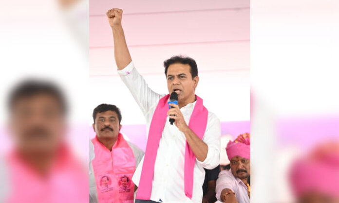 KTR addressing newly elected Sarpanches and ward members during a felicitation ceremony at Telangana Bhavan
