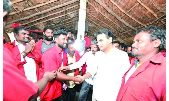 KTR addressing media at Jeedimetla Industrial Corridor while exposing the alleged ₹5 lakh crore HILT Policy land scam by the Congress government.