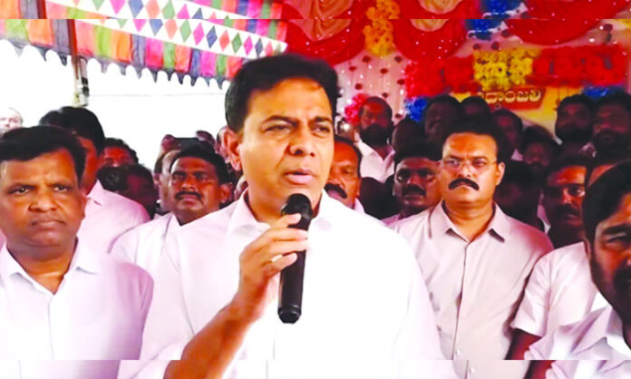 BRS Working President KTR addressing party workers during visit to Uppula Mallayya family in Nuthankal mandal