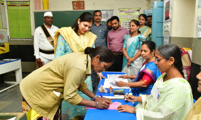 District Collector Pamela Satpathy inspecting polling centers during the first phase of Sarpanch elections in Karimnagar district where 81.42% polling was recorded.