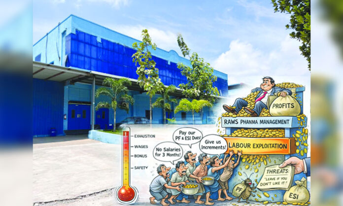 Workers of Ravoos Pharma Private Limited protesting against unpaid salaries and labor exploitation in Chivvemla mandal