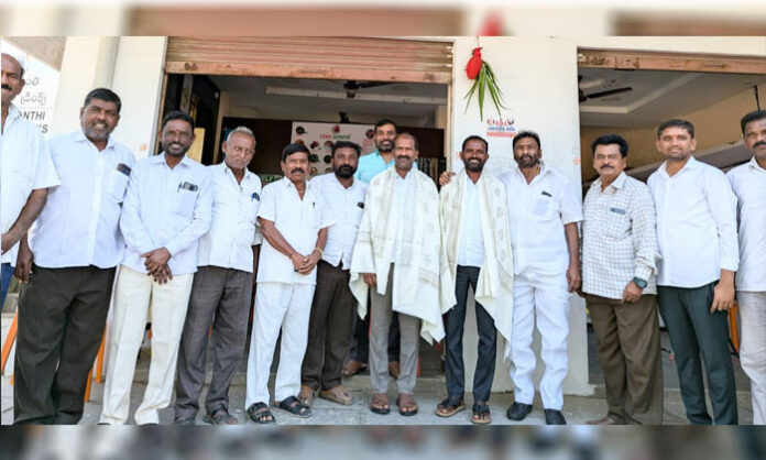 Former ZPTC Medishetti Ramulu felicitating Somaram and Jamalapuram Sarpanches in Parvathagiri mandal