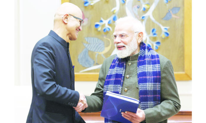 Satya Nadella announcing Microsoft’s Rs 1.5 lakh crore investment in India after meeting Prime Minister Narendra Modi, emphasizing AI infrastructure and skill development.