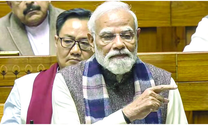 Prime Minister Narendra Modi speaking in Parliament during the 150th anniversary debate on Vande Mataram.