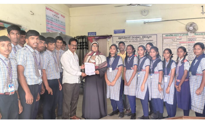 Oxford School students submitting a petition to Chityala municipal authorities demanding action against banned plastic usage