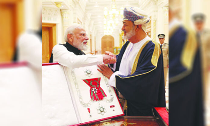 Prime Minister Narendra Modi receiving the Order of Oman award from Sultan Haitham bin Tariq during his official visit to Oman.