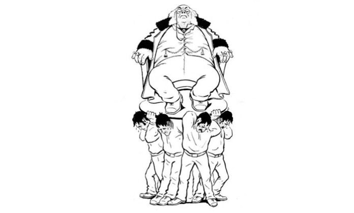 A symbolic depiction of political slavery showing the collapse of morality, humanity, and national values.