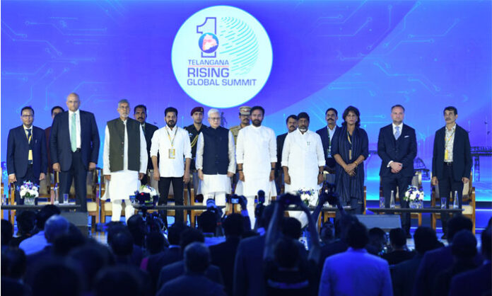 Chief Minister Revanth Reddy addressing the Telangana Rising Global Summit discussing the 2047 development vision.