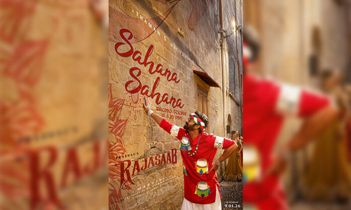 Prabhas and Nidhi Agarwal in colorful traditional costumes in Sahana Sahana song from Raja Saab movie