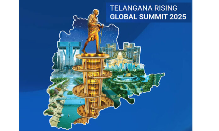 Telangana Rising Global Summit 2025 venue at Bharat Future City decorated with international-level arrangements for global delegates.