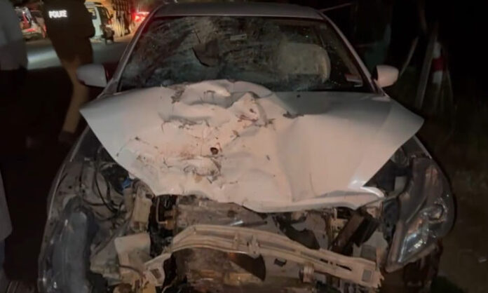 Police inspecting the accident site near Keesara Outer Ring Road where a car hit a motorcycle, killing two persons.