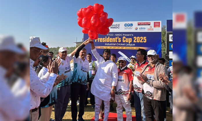 Jubilee Hills MLA V. Naveen Yadav inaugurating the FTCCI Presidents 2025 Cricket Tournament at Old Aziz Nagar in Hyderabad.