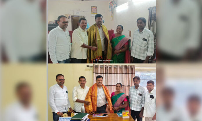 Newly elected Sarpanch couple Dekka Sunitha and Kumaraswamy felicitating Mandal officials in Vadlakonda village