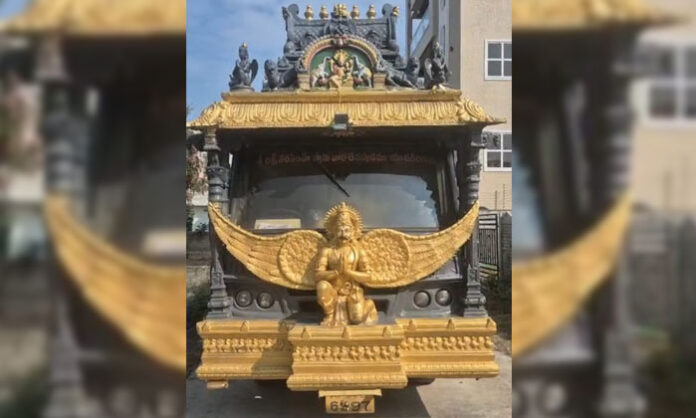 Yadadri temple authorities launching the restored promotional chariot to spread spiritual awareness and showcase Kalyan Mahotsavams across Telangana.