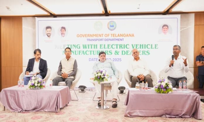 Minister Ponnam Prabhakar at a meeting with representatives of electric vehicle manufacturers and dealers at Hotel Daspalla in Hyderabad