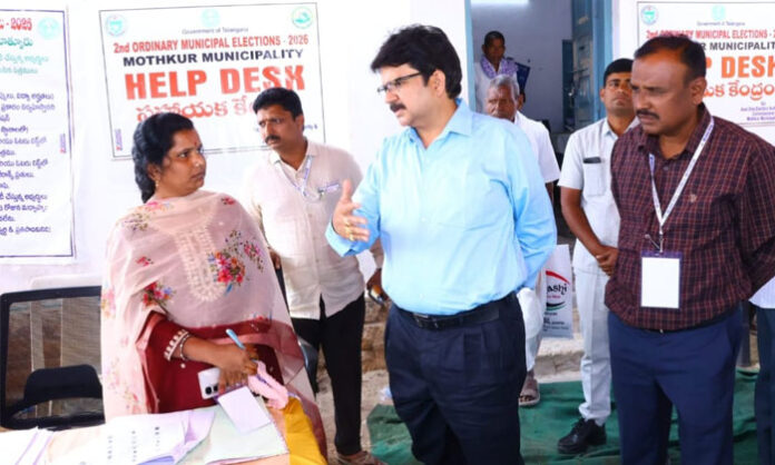 Collector Hanumantha Rao visiting the nomination center during the first day of nominations in Mothkur Municipality elections