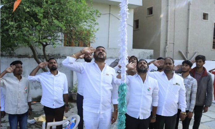 Ramanna Gari Raghavender Goud hoisting the national flag during 77th Republic Day celebrations in Medchal Circle