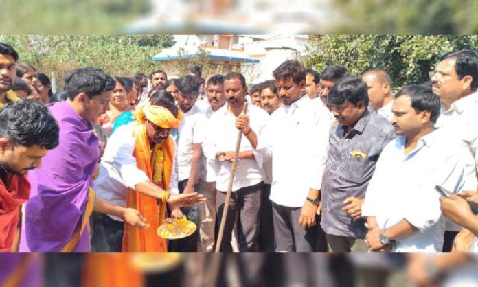 MLA Vemula Veeresham performing the groundbreaking ceremony for Kalyana Mandapam at Kanaka Durga Ammavari Temple
