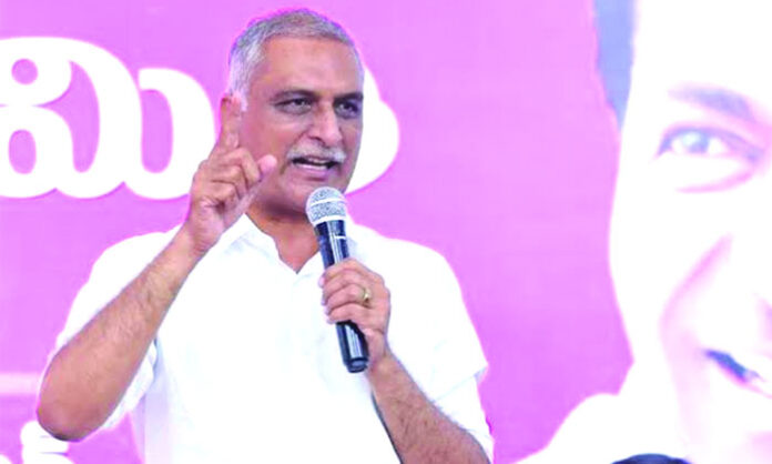 BRS MLA Harish Rao addressing a press conference at Telangana Bhavan alleging plunder of Telangana water rights