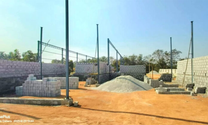 Illegal commercial shed construction taking place along National Highway 44 near Kandlakoya, ignoring rules and permissions.