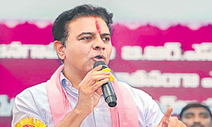 BRS Working President KTR addressing sarpanches at a meeting in Jangaon and strongly criticising the Congress government and Chief Minister Revanth Reddy.