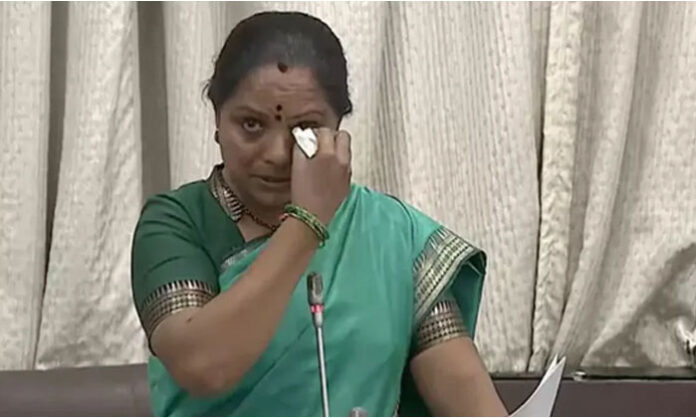 Kalvakuntla Kavitha delivering an emotional speech in the Telangana Legislative Council, triggering political debate and speculation.