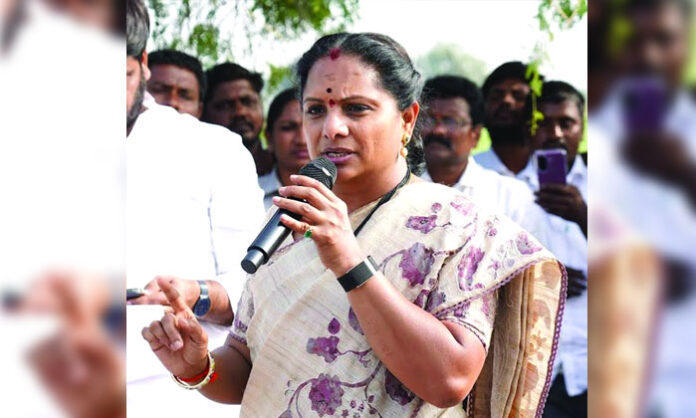 Kalvakuntla Kavitha speaking to media near the Telangana Legislative Council, reacting to KCR’s absence and Revanth Reddy’s comments.