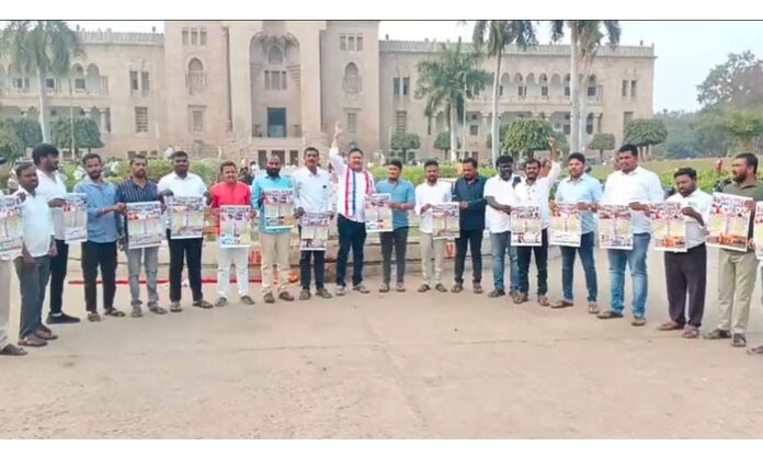 BC JAC State Convener Lingam Goud speaks at BC Welfare Association New Year calendar unveiling at Osmania University