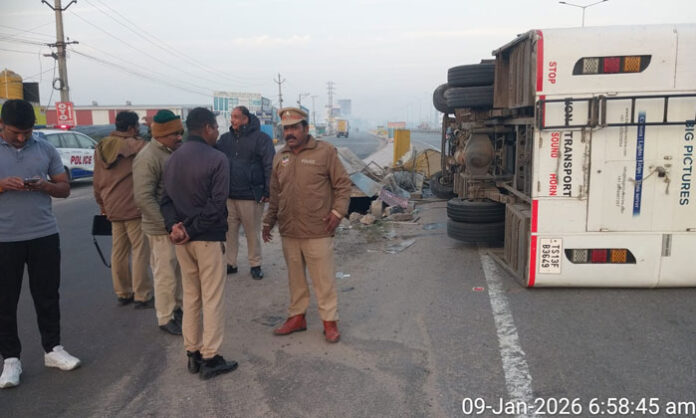 Big Pictures bus overturns at Pedda Amberpet flyover in Hyderabad.