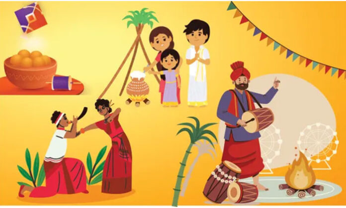 Colorful Sankranthi festival celebrations with rangoli, kites, and traditional food.