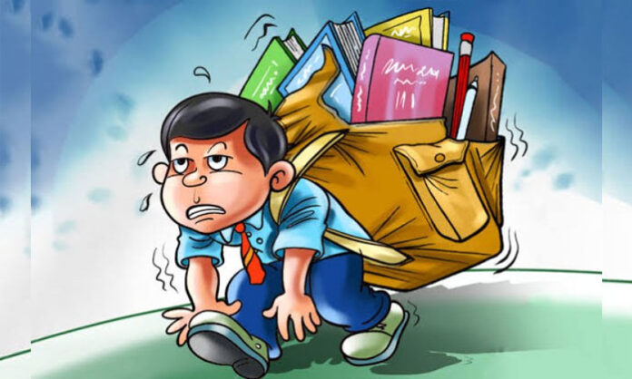 School children struggling with heavy bags and mental stress affecting their health
