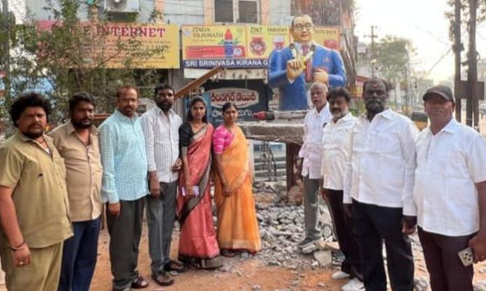 Corporator Dr Samala Hema inspecting reconstruction works of Dr BR Ambedkar statue at Seethaphalmandi