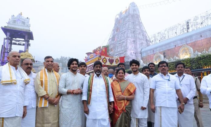mallu bhattivikramarka with family in front of tirumala srivari temple