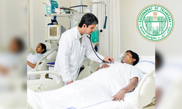 Officials explaining AarogyaSri LOC Letter of Commitment process for poor patients in Telangana at a government office