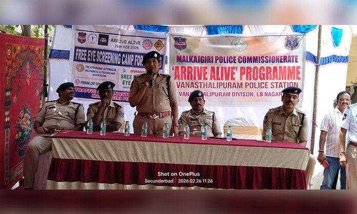 Traffic officials conducting road safety awareness session for drivers in Malkajgiri with participation from transport associations