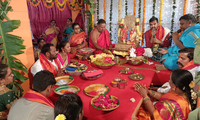 Devotees participating in Bhramaramba Malleswara Swamy Kalyanotsavam during Maha Shivaratri