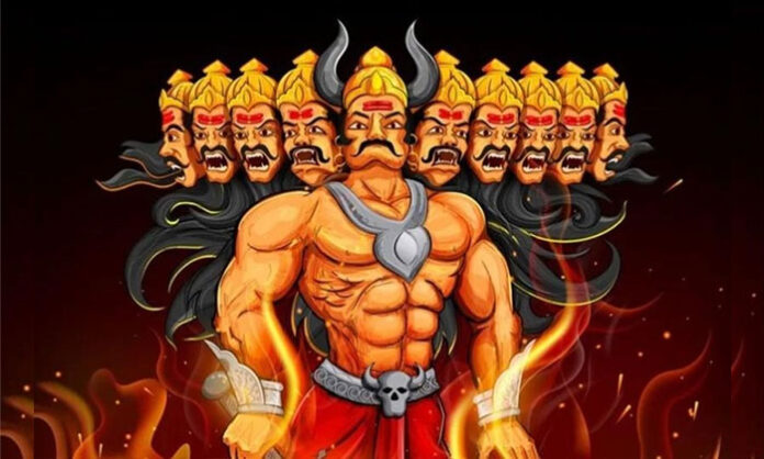 Illustration of Ravana receiving a curse from Brahma in a Ramayana scene