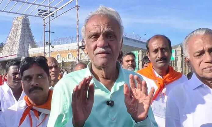 CPI national leader Narayana speaking to media in Tirumala about the laddu adulteration issue